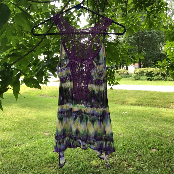 Semi sheer tie dyed crocheted back tank - Picture 13 of 14